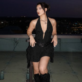 Deep V neck hanging, exposed back, torn hole, irregular jumpsuit, short skirt