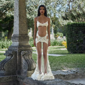 Lace mesh splicing perspective sleeveless chest hugging jumpsuit long skirt