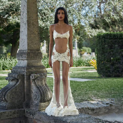 Lace mesh splicing perspective sleeveless chest hugging jumpsuit long skirt