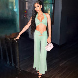 Heart metal buckle hollow top wide leg pants set