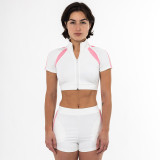 High collar spliced zipper short sleeved tight contrasting color short top and shorts set