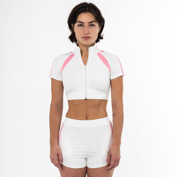 High collar spliced zipper short sleeved tight contrasting color short top and shorts set