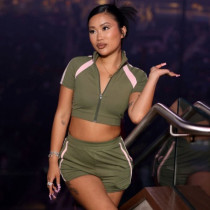 High collar spliced zipper short sleeved tight contrasting color short top and shorts set