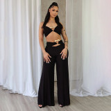 Heart metal buckle hollow top wide leg pants set