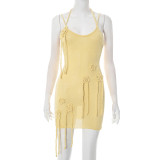 Flower suspender, backless, tight fitting, hip hugging short skirt, woolen dress