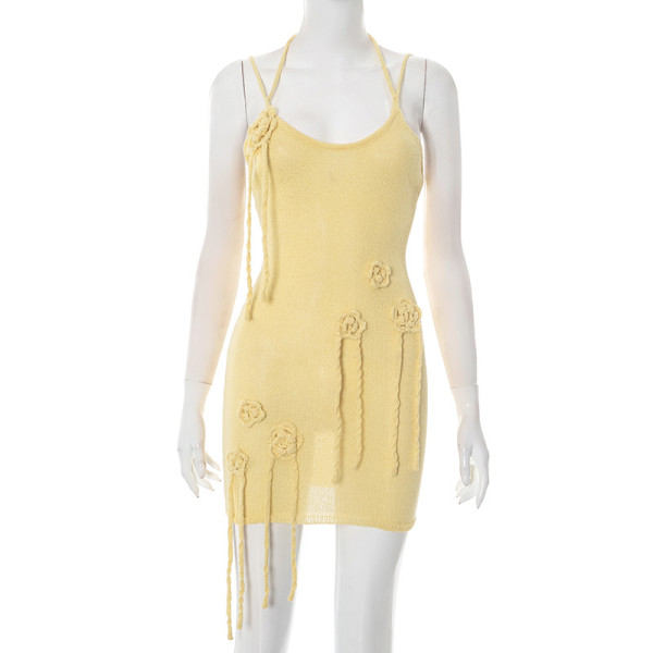 Flower suspender, backless, tight fitting, hip hugging short skirt, woolen dress