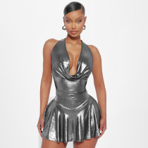 Backless strap V-neck tight pleated short skirt dress