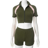 High collar spliced zipper short sleeved tight contrasting color short top and shorts set