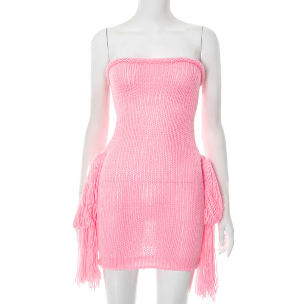 Woolen strapless backless fringe wrapped short skirt dress