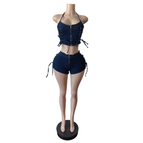 Denim shorts set, lace up vest, elastic shorts set