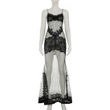 Lace mesh splicing perspective sleeveless chest hugging jumpsuit long skirt