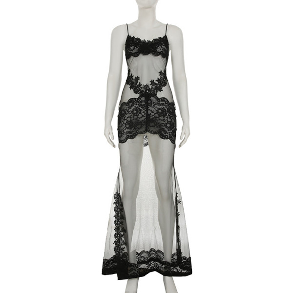 Lace mesh splicing perspective sleeveless chest hugging jumpsuit long skirt