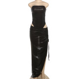 Sleeveless tight fitting strapless jumpsuit long skirt set
