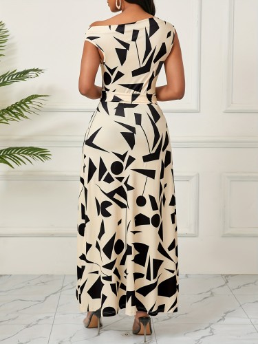 Asymmetric geometric printed short sleeved dress