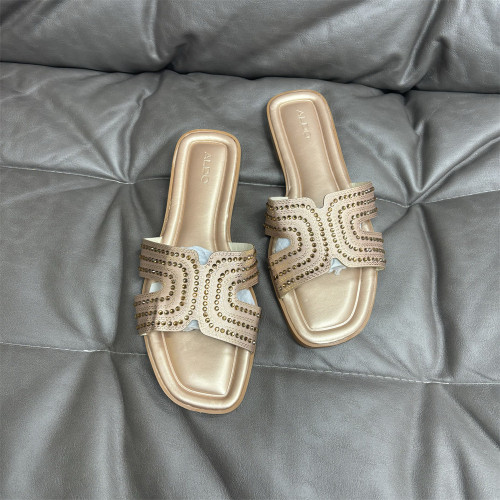 Square headed rhinestone hollow flat slippers