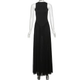 Mesh splicing high waisted backless dress