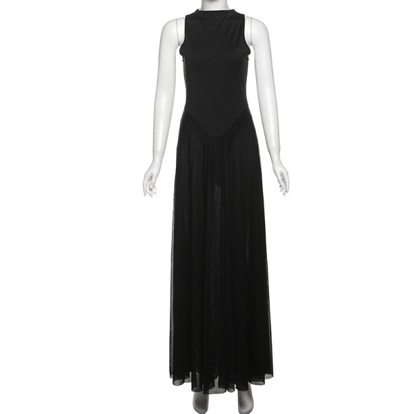 Mesh splicing high waisted backless dress