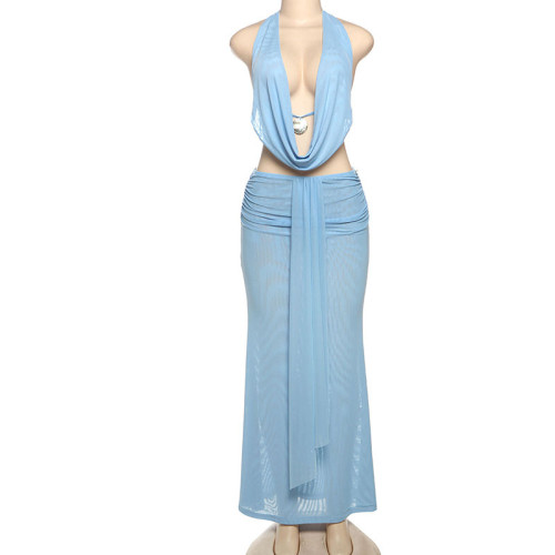Mesh perspective backless hanging neck vest long skirt set