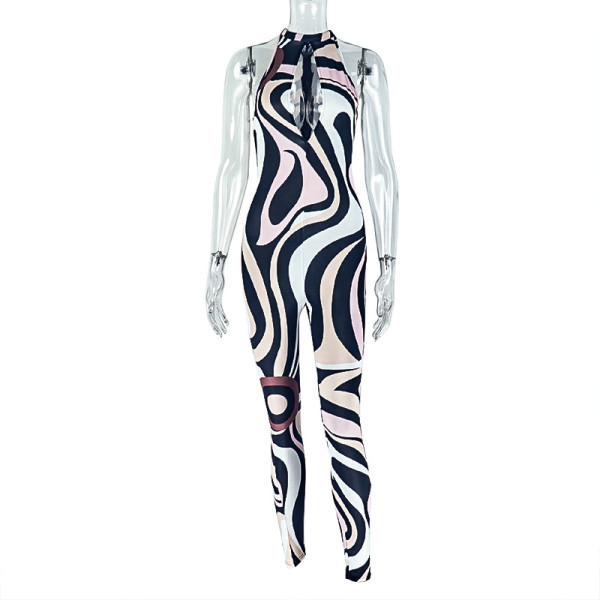 Printed hollow hip hugging jumpsuit