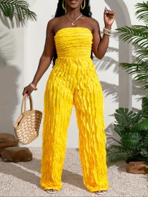 Mesh wave pattern ruffle edge loose wide leg jumpsuit