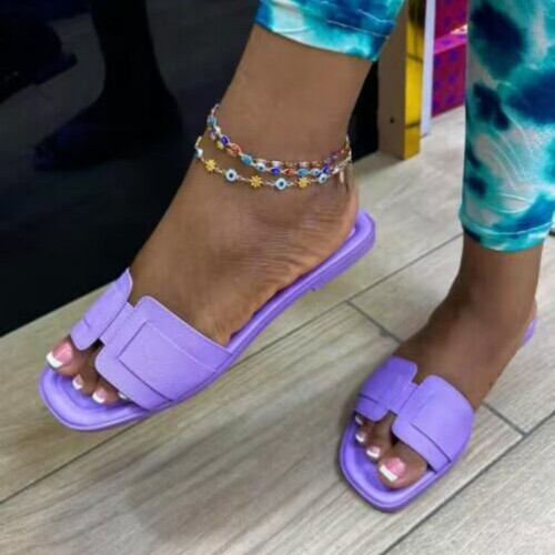 Comfortable flat leather round headed women's slippers