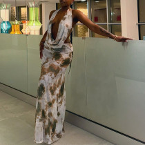 Printed pleated backless skirt set, sleeveless lace up deep V-neck long skirt two-piece set