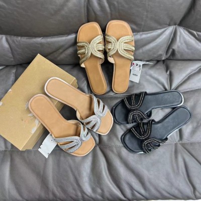 Crystal slope and cross strap flat sandals