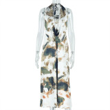 Printed pleated backless skirt set, sleeveless lace up deep V-neck long skirt two-piece set