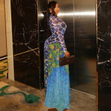 Printed Micro Transparent Waist Bag Hip Skirt High Neck Long Sleeve Long Dress