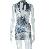 Hanging neck V-neck backless sleeveless printed bag buttocks skirt two-piece set