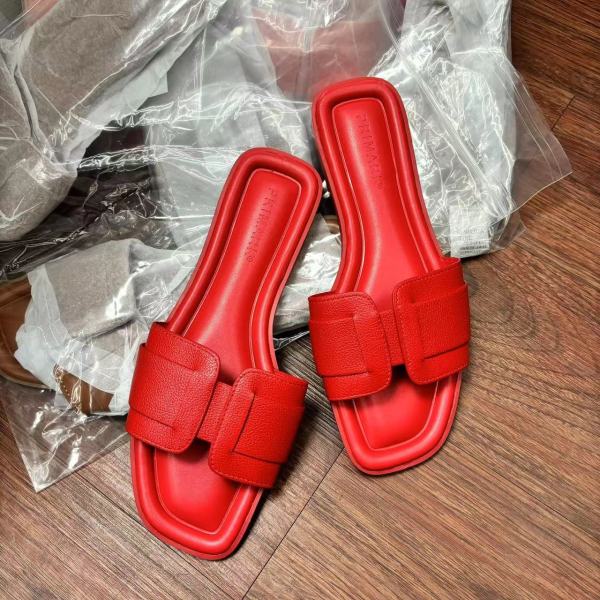 Comfortable flat leather round headed women's slippers