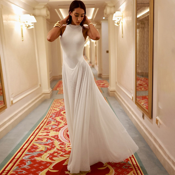 Mesh splicing high waisted backless dress