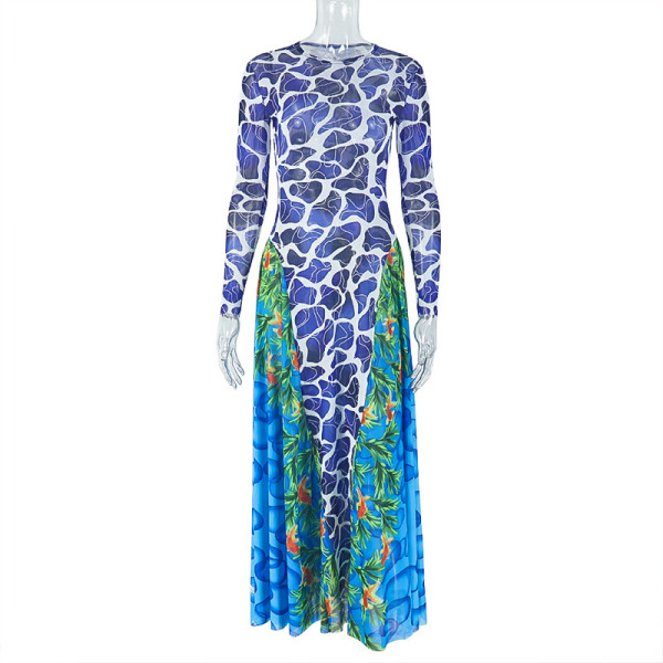 Printed Micro Transparent Waist Bag Hip Skirt High Neck Long Sleeve Long Dress