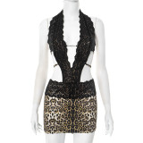Leopard print lace patchwork backless tied rope hip hugging dress