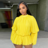 Ultra long sleeved flower bud round neck zipper three part jumpsuit