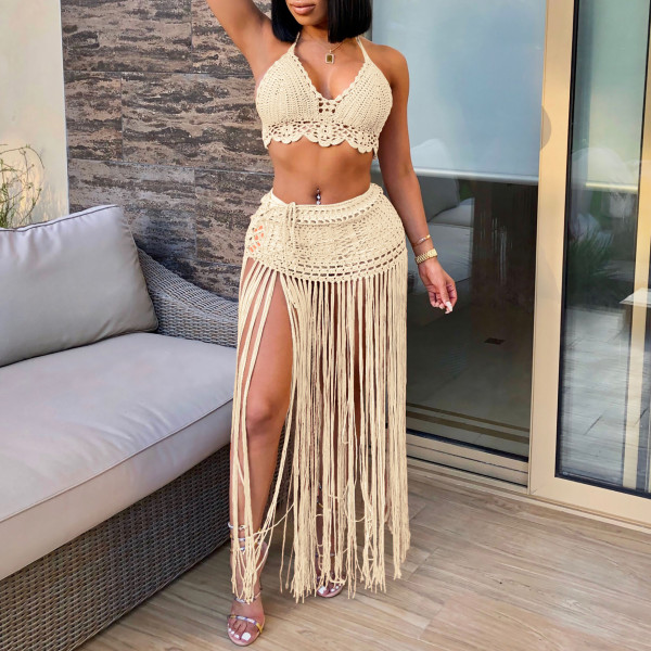 Hand Hook Beach Bikini Top Extended Tassel Half Skirt Two Piece Set