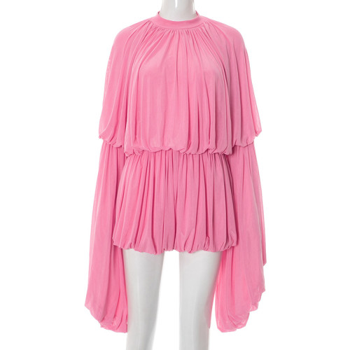 Ultra long sleeved flower bud round neck zipper three part jumpsuit