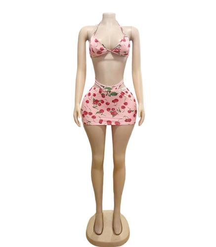 Printed pink camisole short skirt set