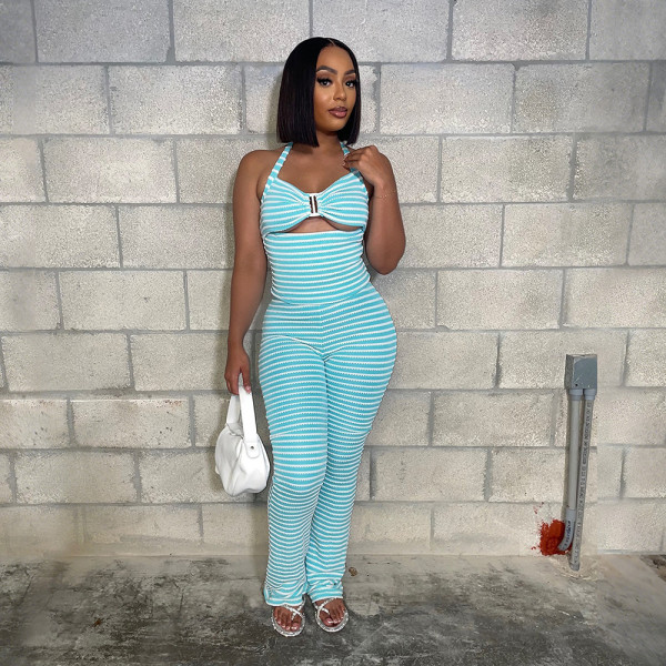 Two piece set of striped lace up short top and pencil pants