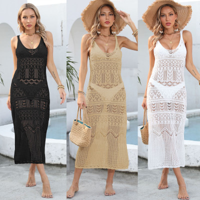 Woven hollow transparent long skirt, beach cover shirt, vest skirt
