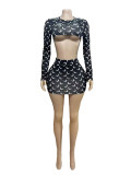 Long sleeved, ultra short, exposed navel, hip hugging short skirt two-piece set