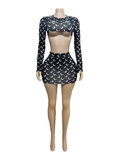 Long sleeved, ultra short, exposed navel, hip hugging short skirt two-piece set