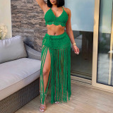 Hand Hook Beach Bikini Top Extended Tassel Half Skirt Two Piece Set