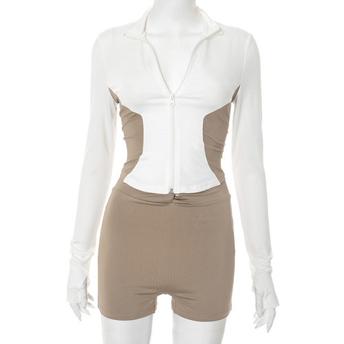 Stand up collar splicing long sleeved zipper cardigan shorts two-piece set D25ST249