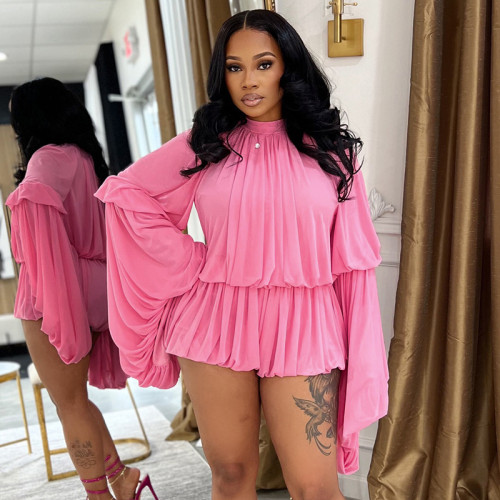 Ultra long sleeved flower bud round neck zipper three part jumpsuit