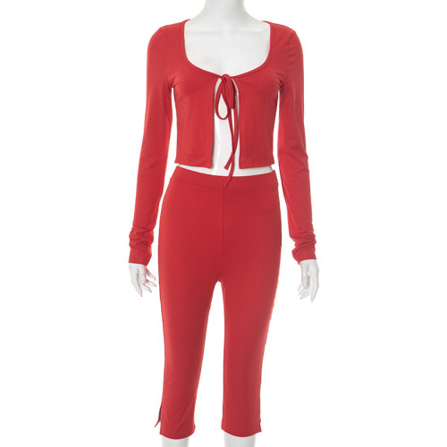 Solid color strap long sleeved cropped pants set