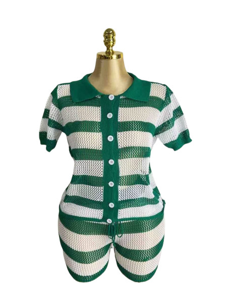 Polo collar striped loose cardigan shorts knit set
