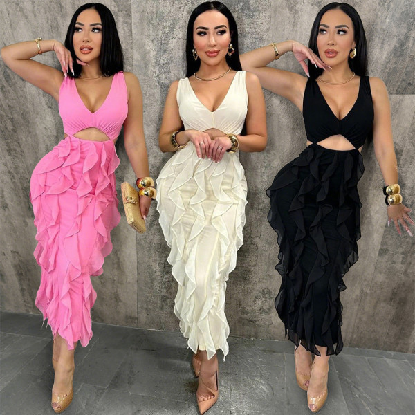 V-neck sleeveless hollow out ruffle edge slit dress
