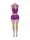 Color Ding Neck Strap Deep V-neck Top Satin Pants Two Piece Set