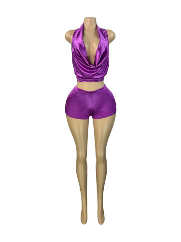 Color Ding Neck Strap Deep V-neck Top Satin Pants Two Piece Set